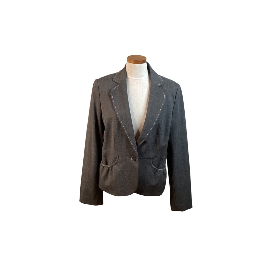 White House Black Market One button Jacket Blazer Gray Stitching Button 14 New